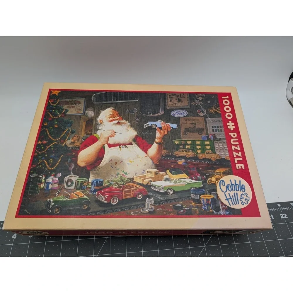 Cobble Hill Santa Painting Cars Jigsaw Puzzle 1000 Pcs Complete Tom Newsom